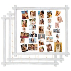 Wood Picture Frames Collage,Hanging Photo Display Board With 30 Clips,Wall Decor for Dorm Graduation Letter Postcard Greeting Card Organizer,Pine,Adjustable Metal Bead String,3 Pack,(Rustic White)