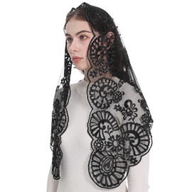 Bozidol Chapel Lace Mantilla Embroidery Floral Funeral Mourning Veil Catholic Church Mass Scarf Shawl Iglesia Velos (Black)