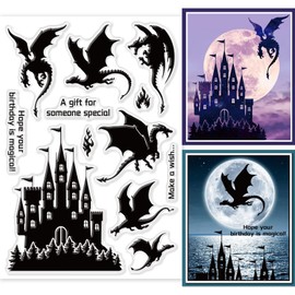 GLOBLELAND Vintage Castle and Dragon Clear Stamps Medieval Style Western Dragon Transparent Stamps Silicone Clear Stamp Seals for DIY Scrapbooking Art Journals Decorative Cards Making