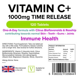 Lindens Vitamin C+ 1000mg Time Release Tablets - 120 Pack - with Citrus Bioflavonoids and Rosehip - Contributes to Immune System Health, Reduces Tiredness and Supports Healthy Skin and Teeth
