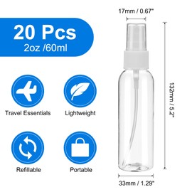 uxcell 20Pack Spray Bottles, 2Oz/60ML Clear Empty Mist Plastic Mini Travel Bottle Set,Small Refillable Liquid Containers for Household Use, Essential Oil, Cleaning (Transparent White)