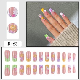 Flower Press on Nails Medium Square Fake Nails with 3D Floral Daisy Colorful French Tip Designs 24 Pcs Natural Reusable Summer Acrylic Nail Full Cover Stick on Nail for Women No Glue WYFHDT