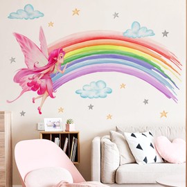 wall stickers pink rainbow decorative stylish stars clouds seal elf wallpaper removable decor living room kindergarten nursery kids room wall art girls room wallpaper rental wall