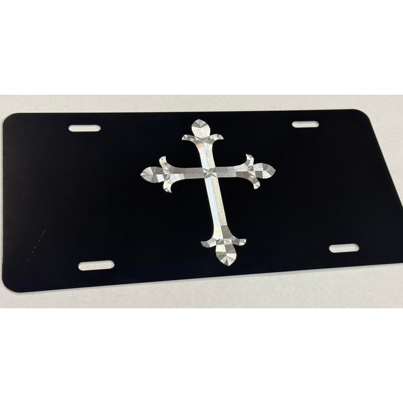 Silver Engraved 3D Christian Cross Car Tag Diamond Etched Vanity