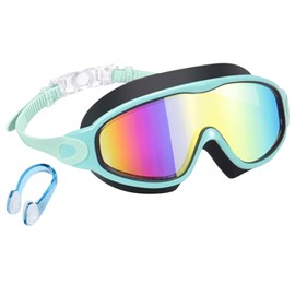 EDLMKM Kids Swimming Goggles, Swim Goggles Attached Nose Clip Wide View Uv Protection Anti Fog No Leaking Clear Vision Waterproof, From 4 To 14 Years Old Boys Girls