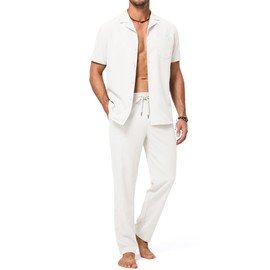 JMIERR Men Beach 2 Piece Outfit White Matching Set Shirt Casual Loose Fit Lounge Sets Holiday Linen Pants, M