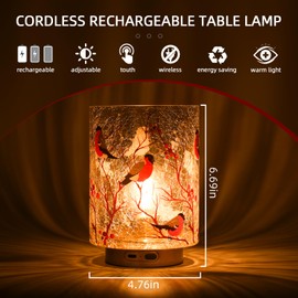 Rechargeable Battery Table Lamp Timer, Handmade Crackle Glass Lamps with Two-Level Dimmer, Emergency Cordless Lamp for Area No Plug, Decorative Mood Light for Entryway/Corner/Bedroom/Bathroom(Red)