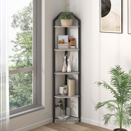 Fun Memories 5 Tier Corner Shelf, 70” Corner Shelf Stand, Corner Bookshelf Plant Stand, Storage Shelf for Bathroom, Living Room, Kitchen,Grey Home Office, Grey