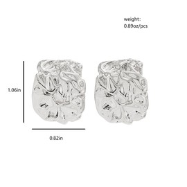 Chunky Gold Statement Hammered Hoop Earrings for Women, Cute Silver Irregular Geometric Huggie Stud Earring Trendy Party Prom Jewelry Gift Accessories (Silver)