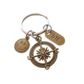 Bronze Friend Charm Keychain with Compass Charm, Smiley Face Charm & Bff Charm, Good Friend Key Ring, Best Friend Keychain