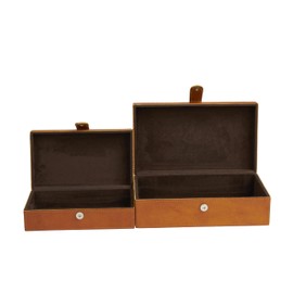 Deco 79 Leather Handmade Decorative Box Storage Decorative Keepsake Boxes with Snap Front Closure and Detailed Stitching, Set of 2 Storage Boxes 10", 8"W, Brown