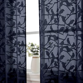 OVZME Navy Blue Sheer Curtains 63 Inch Length 2 Panel Set, Light Filtering Bedroom Curtains with Dual Rod Pocket Top, Leaf Bird Clip Jacquard Sheer Farmhouse Window Drapes for Living Room, 2x38Wx63L