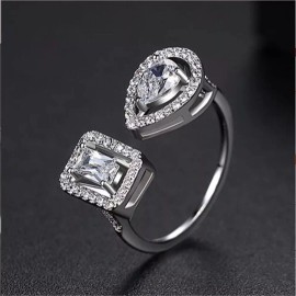 ZARD Pear and Emerald Cut Cubic Zirconia Open Ring in Platinum Plating