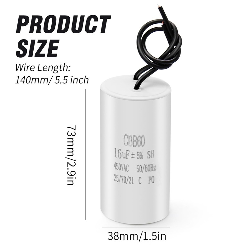 SYOWADA 16Uf Cbb60 Run Capacitor 2 Wires 450V Ac Motor