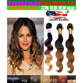 3 Bundle Indian Body Wave Hair Weave Extension, Tip-Dyed Two-Tone #4/#30 Color, 100% Human Hair, Length: 12, 12, 14