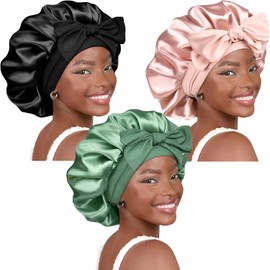 HAKUKU Gorro de Dormir de Satén 3 Piezas, Gorros Rizadores de Raso, Adecuado para Cabello Rizado, Liso, Largo y Corto,Transpirable, Diadema Ancha Ajustable