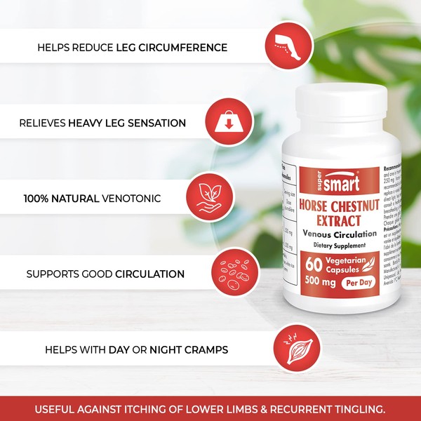 Supersmart - Horse Chestnut Extract 500mg per Day (20% Aescin) - Healthy Venous Circulation - Legs Comfort - Varicose Veins Support | Non-GMO & Gluten Free - 60 Vegetarian Capsules