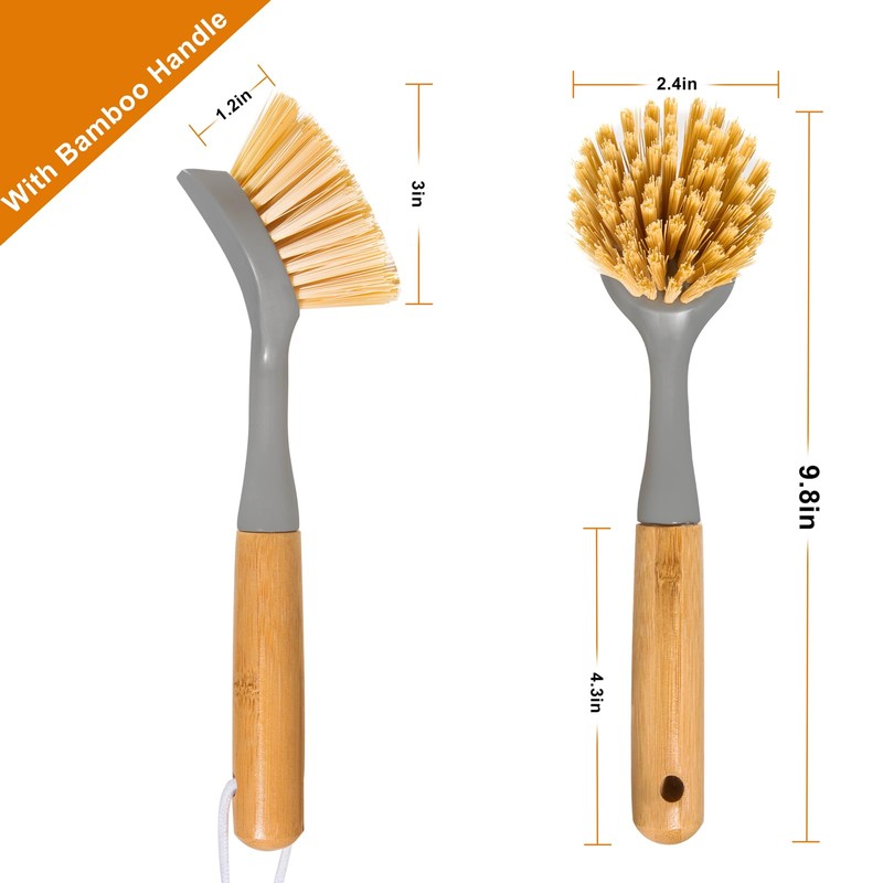 2 Pack Dish Brushes with Bamboo Handle, Kitchen Dish Scrubber