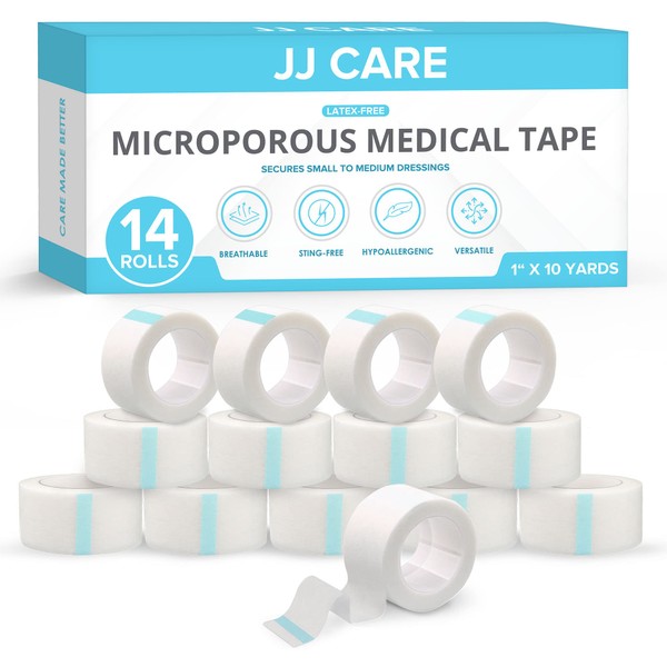 JJ CARE Micropore Tape [Pack of 14], 1” x 10 Yards, Breathable Paper Tape Medical Use, Latex-Free Paper Surgical Tape, Individually Boxed Paper Bandage Tape Rolls