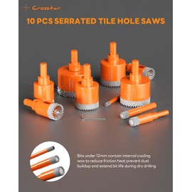Crosstar 10PCS Diamond Hole Saw Kit with Pilot Bit & Spring - Brazed Diamond Core Drill Bits for Tile, Ceramic, Porcelain, Marble, Granite (6/10/12/20/25/30/35/40/45/50mm) Includes Aluminum Case