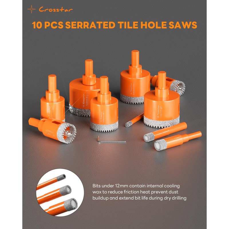 Crosstar 10PCS Diamond Hole Saw Kit with Pilot Bit &