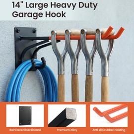 REEWII 14" Large Heavy Duty Garage Hooks, 4 Pack Double-Layer Steel Wall Hook,Non-Slip Coated Gardening Tool Hook for Tool Organization, Shed Storage, Ladder Hook, Car Tire Storage