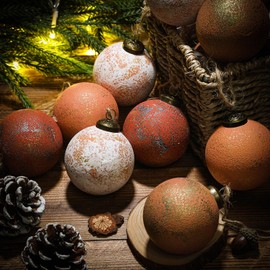 24Pcs 2.36'' Large Rustic Vintage Neutral Textured Farmhouse Brown Christmas Ornaments Ball for Christmas Tree Decor,Boho Copper Hanging Xmas Ornaments Shatterproof Ball for Home Decor