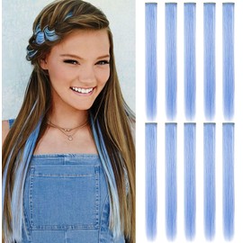 MOSCSMDY Pack of 10 Hair Extensions for Girls, Wig Pieces, Clip-In Coloured Hair Extensions for Adults, Colourful Hairpieces, Party Highlights, Multiple Colours (Light Blue)