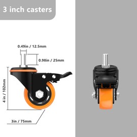 Caster Wheels 3 Inch Heavy Duty Stem Caster 1/2"-13 x 1(Stem Diameter 1/2", Stem Length 1"), Safety Locking Caster Set of 4, Industrial Castor Wheels for Cart,Furniture