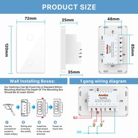 AEOLISS 2.4GHz WiFi Smart Touch Wall Single Fire Smart Light Switch, Need Neutral Wire, Glass Panel Light Switch Work with Smart Life/Tuya App, Alexa and Google Home 2 Pack (White 2 Gang)