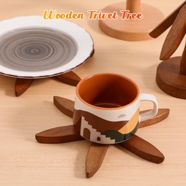 PartyKindom Wooden Trivets for Hot Dishes: Wooden Tree Coasters Walnut Tree Shape Trivet Set for Hot Pots and Pans Cup Coaster Pad - 3 Wooden Trivet + 1 Stand