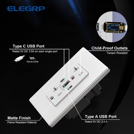 ELEGRP USB Outlets, 30W 6.0 Amp USB C Outlets Receptacles, 3-Port USB Wall Outlet, 20 Amp Tamper-Resistant Outlet with 2 USB C Ports, UL Listed, Screwless Wall Plate Included, 1 Pack, Matte White