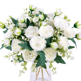 Floweroyal 4 Bunches Peony Artificial Flowers White Flowers Silk Peonies Bouquets for Wedding Party Table Centerpieces Floral Arrangement Home Kitchen Decor.