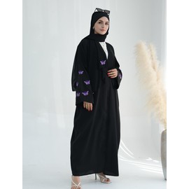 Abaya Dress For Women Cardigan Robe Muslim Clothes Long Sleeve Embroidered Open Front Kaftan Dress Loose Kimono Middle East Ethnic Shirts Dress Eid Ramadan Tight Knot Corban Black Blue Butterfly XL