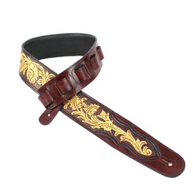 Walker And Williams LHR-37 Handmade Blood Red Premium Carving Leather Guitar Strap With Bright Gold Western Sheridan Carving Pattern And Padded Leather Back For Acoustic, Electric, And Bass Guitars,