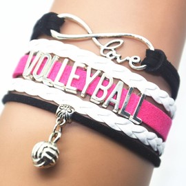 Vikitoriously Volleyball Bracelet Jewelry Infinity Volleyball Charm Bracelet Gift For Volleyball Team Adult Fans, Volleyball Lovers, Volleyball Player Themed Gifts (Black White and Rose)