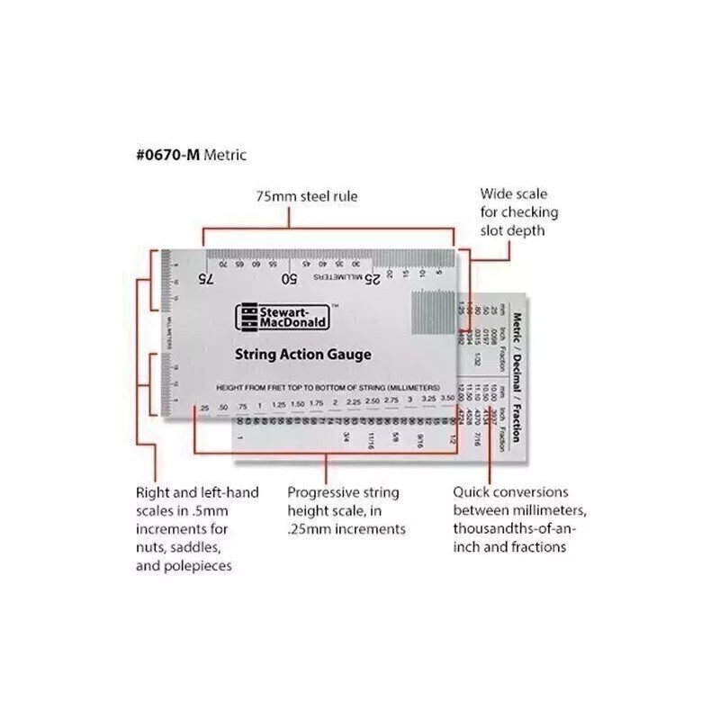 StewMac String Action Gauge And Ruler, Metric, Stainless Steel -