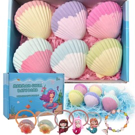Mermaid Bath Bombs for Kids Girls with Surprise Inside, 6 Pcs Natural Fizzy Princess Fun Shell Bubble Bath Bomb Kit with Jewelry Toys, Christmas Easter Basket Stuffer Valentines Day Birthday Gift Set