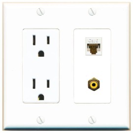 RiteAV Power Outlet and CAT6 RCA-YELLOW Wall Plate Decorative [White]