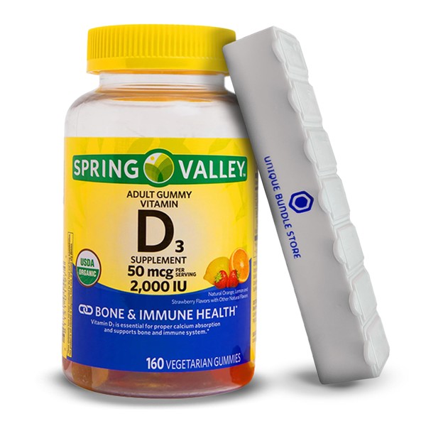 Spring Valley, Vitamin D3 Gummies, USDA Organic, Vitamin D3 2000iu, Vegetarian Gummies, Assorted Fruits, 50 mcg, 160 Count + 7 Day Pill Organizer Included (Pack of 1)