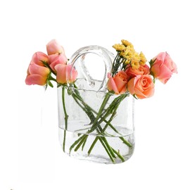 Tomnk Glass Purse Vase for Flowers, Clear Bag Vases with Handle, Unique Cute Handbag Shape Decorative Flower Vases with Fish Bowl for Centerpieces Home Table Shelf Decor Birthday Gift