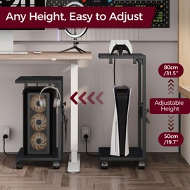 ZIIWIND PC Stand, Height Adjustable Computer Tower Stand, 19.7"-31.5" H, Computer Cart with Charging Station, Wheels and Hooks, CPU Holder for Floor, Carpet and Under Desk, Easy Assembly, Black