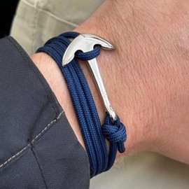 Anchor Rope Bracelet for Men & Women Made from Stainless Steel and Durable Rope - Adjustable - Handmade in The UK - (Navy & Silver)