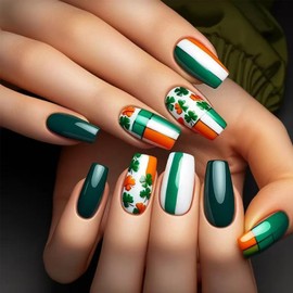 LBPEPAMZ 24Pcs St. Patrick's Day Press on Nails Medium Square Fake Nails with Shamrock Design White Green Line False Nails Green Full Cover Glossy Stick on Nails Glue on Nails for Women Manicure Decor