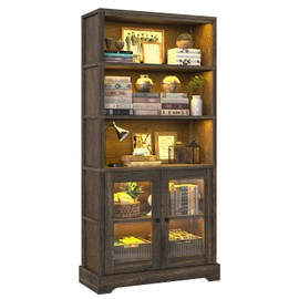 TVU 5-Tier Bookcase with Cabinet & LED, Wood 65 Inch Tall Bookshelf with Storage, Floor Standing Display Book Shelf for Living Room, Office, Study, Entryway (Rustic Brown)