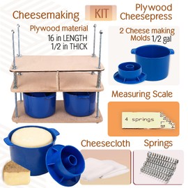 Wooden Cheese Press For Cheese Making Supplies 16 In Plywood 1/2 in Thick - Cheese Making Kit With Wooden Cheese Press and 2 Cheese Molds 1/2 Gal, Cheesecloth, Springs and Measuring Scale Included