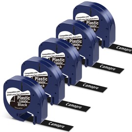 Camopro Compatible Label Tape Replacement for Dymo Label Maker Refills LT-335 Self-Adhesive Plastic LT Tape for DYMO LetraTag Plus LT-100T LT-100H QX50 Label Maker,White on Black,5-Pack