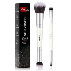 START MAKERS Pinceles de Maquillaje 2 En 1 Brocha de Base de Contorno de Doble Punta, Paquete de 2 Brochas Correctoras, Brocha para Sombra de Ojos para Cejas, Líquidos, Polvos, Pulido, Mezcla (Blanco)