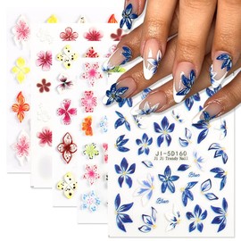 Flower Nail Art Stickers Decals 5D Embossed Nail Decals, 5 Sheets Colorful Flower Spring Summer Hibiscus Lily Floral Nail Art Design Self-Adhesive Nail Supplies Manicure Decorations for Women Girls