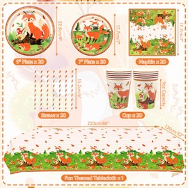 Fox Birthday Party Supplies, Includes Plates, Napkins, Cups, Straws, Tablecloths, for Girl Boy Fox Theme Baby Shower Birthday Party Decorations